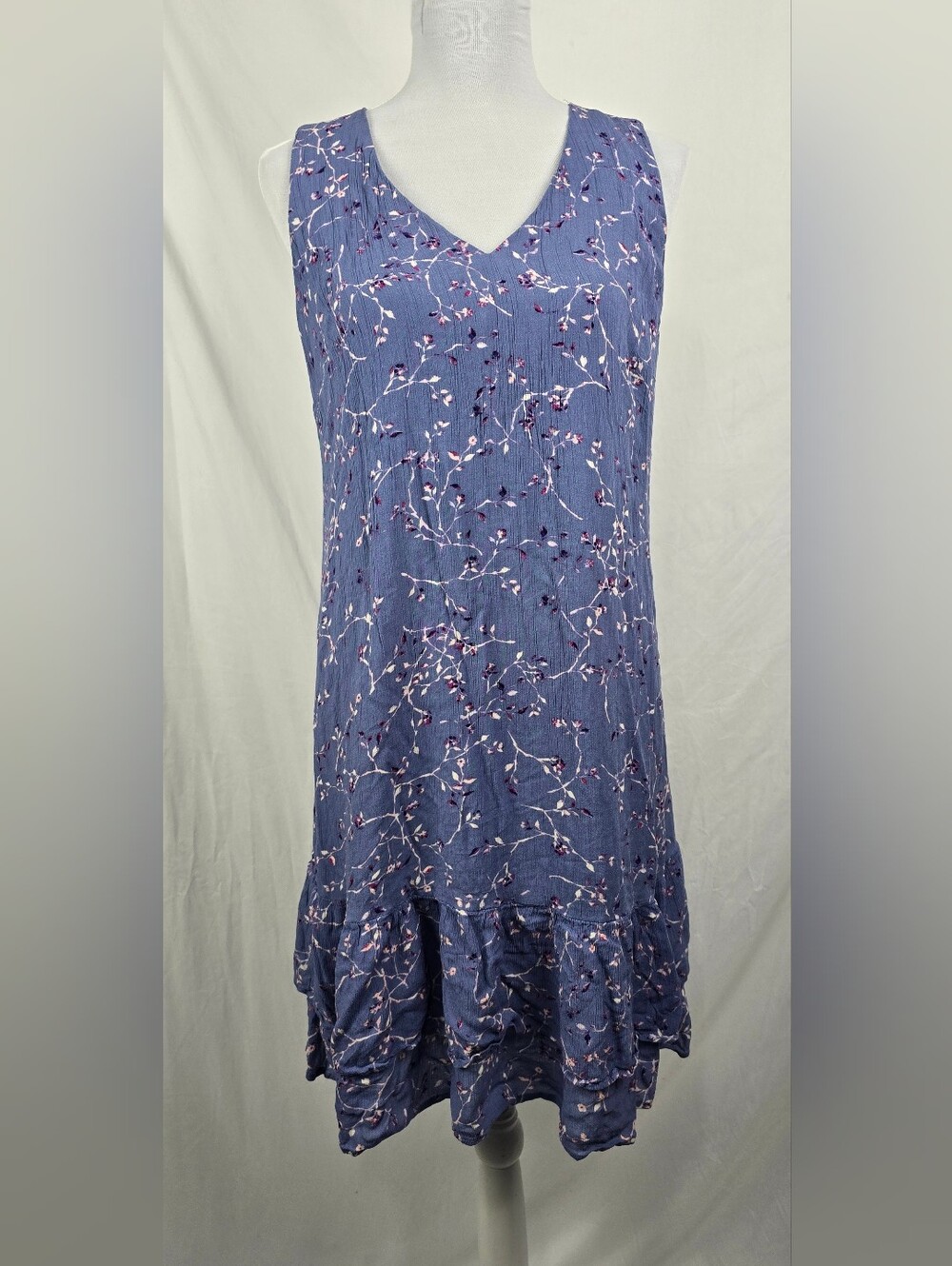 J. Jill Gauzy Floral Ruffled Blue V-Neck Midi Dress sz M Petite
